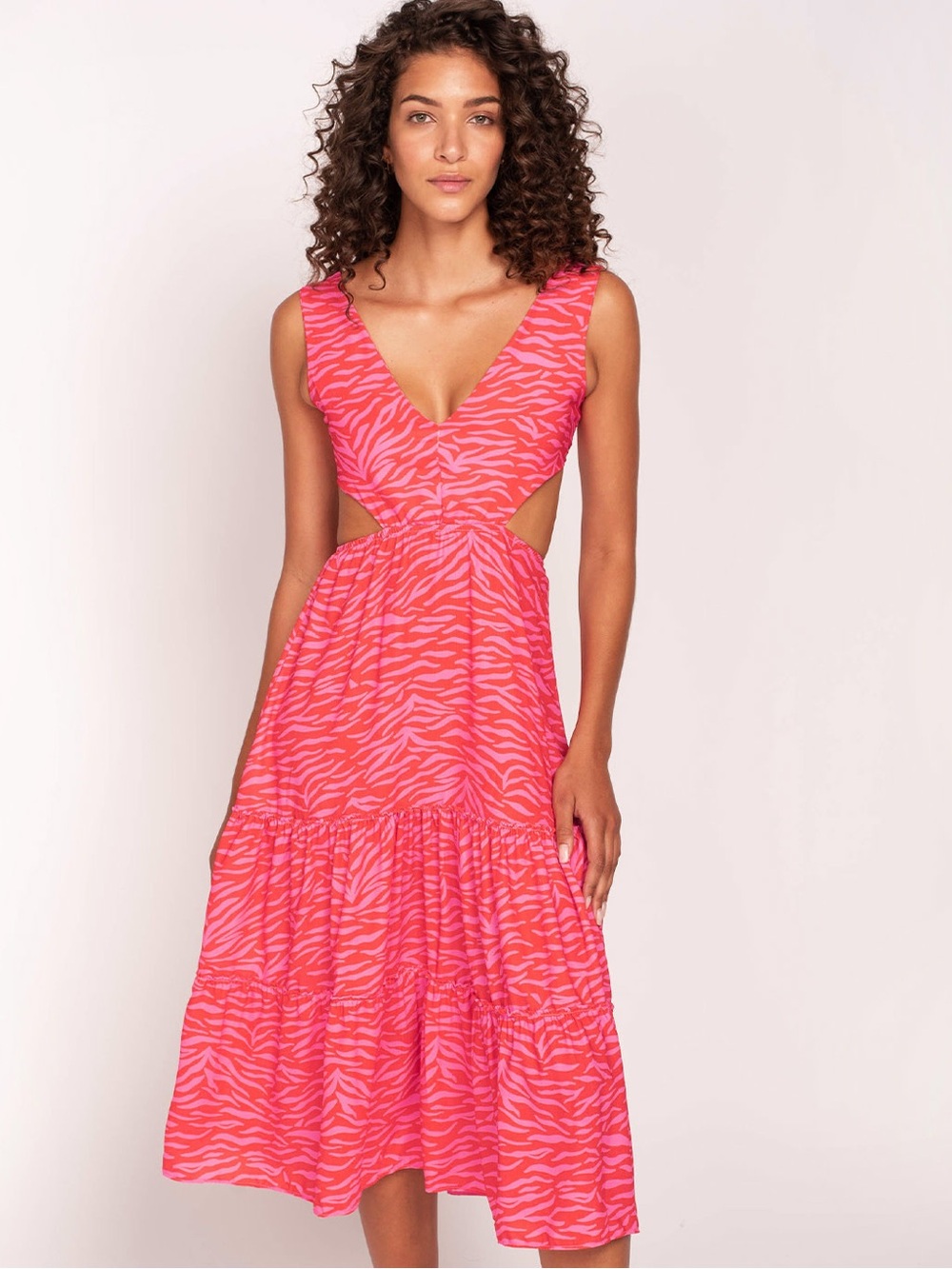 Peixoto Pink Zebra Cutout Midi Dress M Tropical Resort Vacation Barbiecore